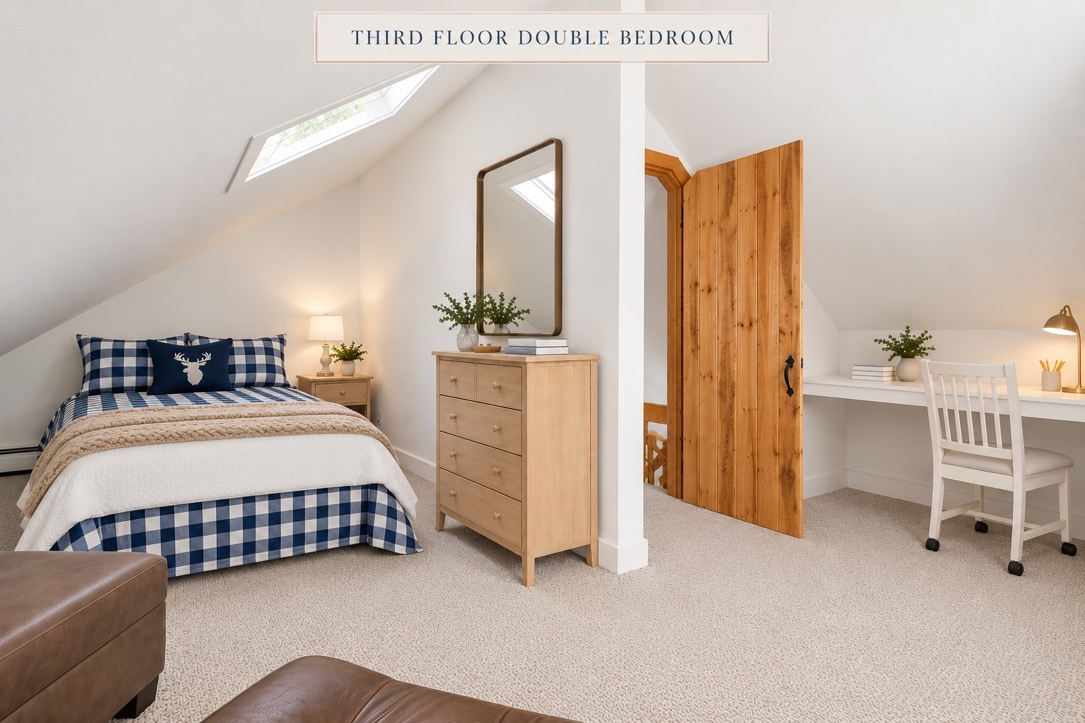 Third floor bedroom with navy gingham bedding