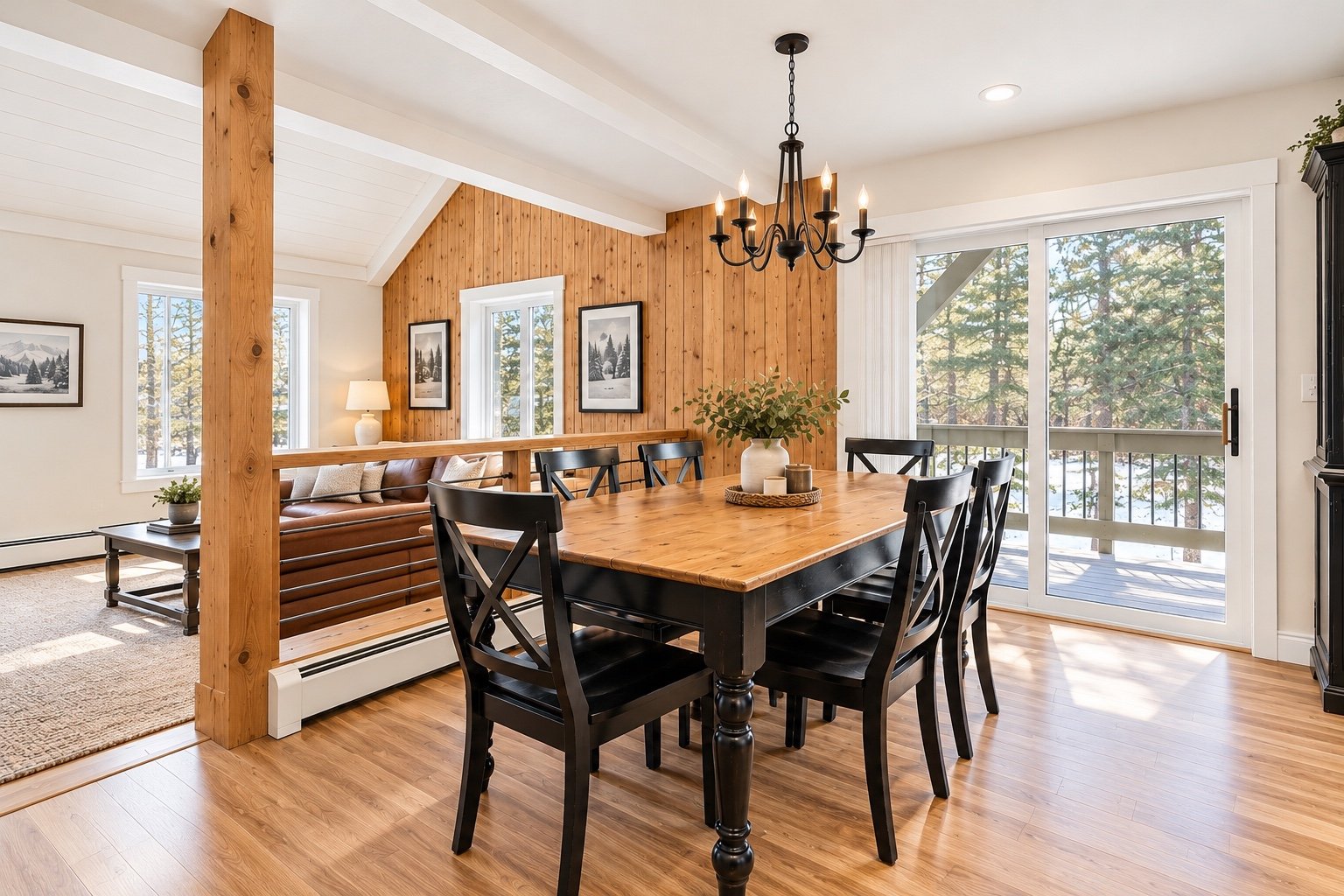 Dining area with wood accents
